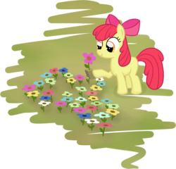 Size: 2621x2516 | Tagged: safe, artist:moemneop, apple bloom, earth pony, pony, g4, female, filly, flower, high res, hoof hold, planting, raised hoof, smiling, solo