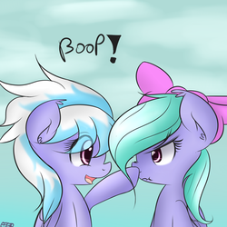 Size: 2000x2000 | Tagged: safe, artist:freefraq, cloudchaser, flitter, pegasus, pony, g4, annoyed, boop, bow, cute, cutechaser, female, flitterbetes, hair bow, high res, mare, scrunchy face, siblings, sisters, twins