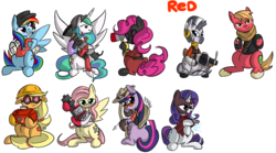 Size: 900x500 | Tagged: safe, artist:d3rpy, applejack, big macintosh, fluttershy, pinkie pie, princess celestia, rainbow dash, rarity, twilight sparkle, zecora, earth pony, pony, zebra, g4, crossover, male, mane six, stallion, team fortress 2