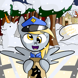 Size: 1000x1000 | Tagged: safe, artist:d3rpy, derpy hooves, pegasus, pony, g4, female, happy halloween, mare, merry christmas, snow, snowfall, snowpony, solo