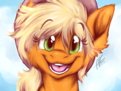 Size: 1400x1050 | Tagged: safe, artist:fizzy-dog, applejack, g4, :d, cute, ear fluff, female, fluffy, freckles, happy, jackabetes, looking at you, open mouth, smiling, solo