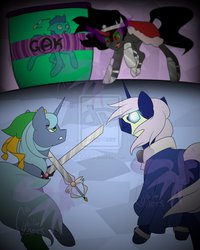 Size: 800x1000 | Tagged: safe, artist:cybiline, king sombra, oc, oc:lady masquerade, oc:lustre glow, oc:zephyr storm(mcgack), pegasus, pony, unicorn, g4, fight, gak, mask, sword