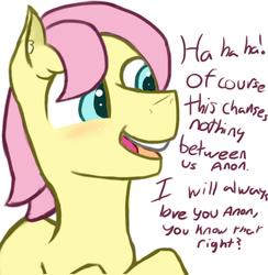 Size: 532x544 | Tagged: safe, artist:flutteriot, fluttershy, oc, oc:anon, pegasus, pony, g4, butterscotch, dialogue, male, offscreen character, rule 63, solo, stallion