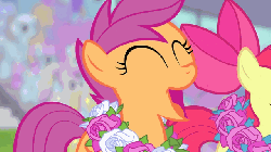 Size: 640x360 | Tagged: safe, screencap, apple bloom, scootaloo, flight to the finish, g4, animated, female, flower