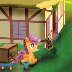 Size: 800x800 | Tagged: safe, artist:gregeyman555, scootaloo, g4, begging, box, cardboard box, female, grass, homeless, orphan, sad, scootalone, scootasad, scooter, solo, will x for y