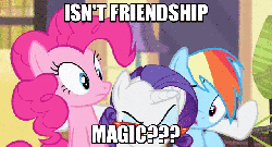 Size: 640x346 | Tagged: safe, edit, edited screencap, screencap, pinkie pie, rainbow dash, rarity, friendship is magic, rarity takes manehattan, animated, female, frown, glare, glasses, grin, gritted teeth, image macro, magic, meme, nervous, reaction image, smiling, talking, title drop