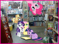 Size: 960x720 | Tagged: safe, artist:drpain, applejack, fluttershy, pinkie pie, rainbow dash, rarity, twilight sparkle, g4, book, bookstore, irl, mane six, photo, ponies in real life