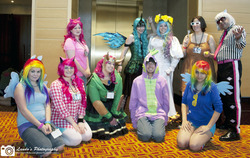 Size: 900x569 | Tagged: safe, photo finish, pinkie pie, princess celestia, queen chrysalis, rainbow dash, spike, human, g4, cosplay, irl, irl human, photo