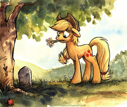 Size: 849x716 | Tagged: safe, artist:kenket, artist:spainfischer, applejack, earth pony, pony, g4, female, floppy ears, flower, flower in mouth, grave, gravestone, mouth hold, sad, solo, traditional art, tree, watercolor painting