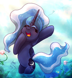 Size: 1100x1200 | Tagged: safe, artist:joakaha, princess luna, g4, female, heart, pond, solo, water