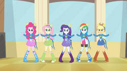 Size: 1280x720 | Tagged: safe, screencap, applejack, fluttershy, pinkie pie, rainbow dash, rarity, equestria girls, g4, boots, female, helping twilight win the crown, high heel boots, humane five, shoes, wondercolts