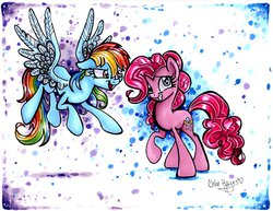 Size: 2199x1696 | Tagged: safe, artist:frostykat13, pinkie pie, rainbow dash, g4, abstract background, duo, flying, happy, looking at someone, raised hoof, smiling, spread wings, wings