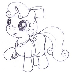 Size: 1177x1154 | Tagged: safe, artist:an-tonio, sweetie belle, pony, unicorn, equestriabound, g4, clothes, crossover, earthbound, female, filly, foal, horn, monochrome, paula jones, solo