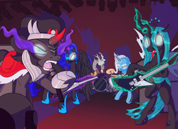 Size: 1024x745 | Tagged: safe, artist:princrim, discord, king sombra, nightmare moon, queen chrysalis, trixie, alicorn, changeling, changeling queen, draconequus, pony, unicorn, g4, antagonist, band, bipedal, concert, drum kit, drums, female, glowing eyes, guitar, magic, metal, microphone, musical instrument, singing, telekinesis, tongue out, white eyes