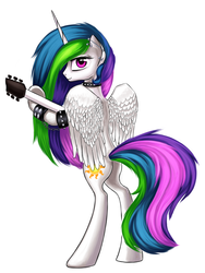 Size: 1500x2000 | Tagged: safe, artist:1nakir1, princess celestia, pony, g4, bipedal, bracelet, collar, female, guitar, looking at you, looking back, piercing, solo