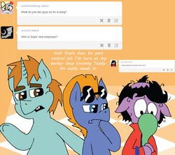 Size: 900x800 | Tagged: safe, artist:apartment2bmod, snips, teddy, oc, earth pony, pony, unicorn, ask adult snips and snails, g1, g4, my little pony tales, ask, barber, bipedal, generational ponidox, hair, male, older, older snips, stallion, sunglasses, tumblr