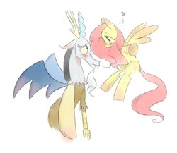 Size: 958x833 | Tagged: safe, artist:rainbowlover001, discord, fluttershy, draconequus, pegasus, pony, g4, antlers, blushing, cute, discute, female, heart, horn, implied hug, looking at each other, looking at someone, male, ship:discoshy, shipping, simple background, straight, white background
