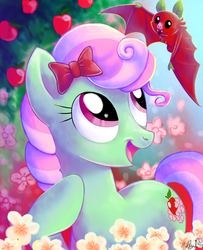 Size: 1300x1600 | Tagged: safe, artist:yulyeen, florina tart, earth pony, fruit bat, pony, g4, apple, apple family member, bow, cottagecore, female, flower, flower blossom, hair bow, happy, hoof on chest, looking up, mare, open mouth, solo