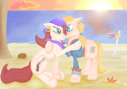 Size: 3000x2100 | Tagged: safe, artist:candyfloss-unicorn, clothes, elaine marley, guybrush threepwood, high res, hug, island, monkey island, pirate, ponified, sword