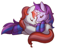 Size: 491x399 | Tagged: safe, artist:tethys, oc, oc only, pony, unicorn, clothes, cuddling, duo, freckles, magic, snuggling, socks, striped socks