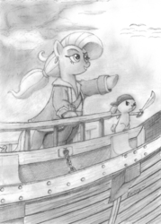 Size: 1075x1500 | Tagged: safe, artist:eponymouslyeponymous, angel bunny, fluttershy, pony, g4, alternate hairstyle, bipedal, black and white, clothes, cosplay, grayscale, guybrush threepwood, hair tie, monkey island, monochrome, pirate