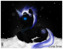 Size: 1159x901 | Tagged: safe, artist:tranquilmaelstrom, oc, oc only, oc:winter storm, alicorn, pony, alicorn oc, cloud, glowing eyes, glowing horn, goggles, horn, male, night, piercing, solo, stallion