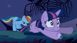 Size: 850x478 | Tagged: safe, screencap, rainbow dash, twilight sparkle, pegasus, pony, unicorn, friendship is magic, g4, butt interest, ei, eyes on the prize, female, hub logo, lidded eyes, looking at butt, mare, out of context, scared, unicorn twilight