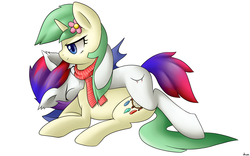 Size: 3566x2222 | Tagged: safe, artist:marble-soda, oc, oc only, oc:minty, oc:winter blossom, bat pony, pony, biting, clothes, commission, flower, high res, scarf