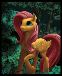 Size: 1571x1920 | Tagged: safe, artist:cosmickelpie, fluttershy, pegasus, pony, g4, detailed, female, forest, looking up, mare, semi-realistic, solo, watching