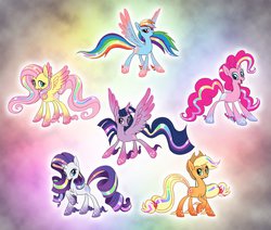 Size: 971x822 | Tagged: safe, artist:salvicorn, applejack, fluttershy, pinkie pie, rainbow dash, rarity, twilight sparkle, alicorn, pony, g4, alternate design, female, mane six, mare, rainbow power, redesign, twilight sparkle (alicorn)