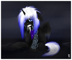 Size: 700x587 | Tagged: safe, artist:tranquilmaelstrom, oc, oc only, oc:winter storm, alicorn, pony, alicorn oc, crying, emo, male, piercing, rain, solo, stallion, tattoo