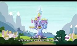 Size: 600x360 | Tagged: safe, screencap, g4, twilight's kingdom, hub logo, in memeory of x, spanish, translated in the comments