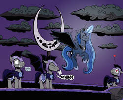 Size: 1024x833 | Tagged: safe, artist:pony-berserker, echo (g4), nocturn, princess luna, alicorn, bat pony, pony, g4, cold, echo and nocturn, eyes closed, floppy ears, flying, gritted teeth, heart, heart eyes, horn, i can't believe it's not idw, ice, magic, night guard, ship:guardluna, smiling, sneezing, snot, snow, spread wings, wide eyes, wings, winter moon celebration, winter solstice