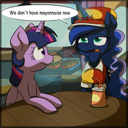 Size: 1000x1000 | Tagged: safe, artist:fj-c, princess luna, twilight sparkle, alicorn, pony, g4, burger, dialogue, duo, fast food, female, food, french fries, horn, horn impalement, luna is not amused, magic, mare, twilight burgkle, twilight sparkle (alicorn), unamused