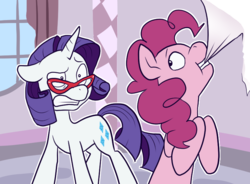 Size: 770x568 | Tagged: safe, artist:pixel-prism, pinkie pie, rarity, twilight sparkle's secret shipfic folder, g4, carousel boutique, fourth wall, glasses