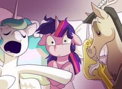 Size: 1770x1305 | Tagged: safe, artist:pixel-prism, discord, princess celestia, twilight sparkle, alicorn, pony, unicorn, twilight sparkle's secret shipfic folder, g4, and then discord was a man, bed, bed mane, bisexual, discord gets all the mares, drool, female, floppy ears, frown, implied group sex, implied sex, implied threesome, lesbian, male, mare, messy mane, morning after, on back, on side, pillow, ruined for marriage, ship:discolight, ship:dislestia, ship:twilestia, shipping, sleeping, smiling, straight, trio, twicordlestia, wide eyes