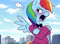 Size: 770x568 | Tagged: safe, artist:pixel-prism, rainbow dash, pegasus, pony, semi-anthro, twilight sparkle's secret shipfic folder, g4, bipedal, blushing, bowtie, clothes, crossed hooves, embarrassed, female, mare, open mouth, solo, tsunderainbow, tsundere