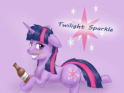 Size: 1600x1200 | Tagged: safe, artist:tipsie, twilight sparkle, pony, unicorn, g4, alcohol, backwards cutie mark, blushing, drunk, drunk twilight, female, floppy ears, grin, smiling, solo, unicorn twilight