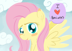 Size: 500x351 | Tagged: safe, artist:a6p, edit, fluttershy, g4, blushing, cloud, cloudy, female, heart, mouthpiece, pancakes, solo