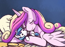 Size: 850x607 | Tagged: safe, artist:ende26, princess cadance, shining armor, g4, eyes closed, female, glasses, plushie, sleeping, solo