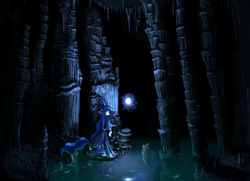 Size: 1913x1388 | Tagged: safe, artist:ledaverix, princess luna, firefly (insect), fish, g4, cave, cave pool, cavern, female, luminescent, scenery, solo, swimming pool, water