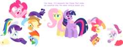 Size: 2637x1068 | Tagged: safe, artist:zacatron94, apple bloom, applejack, fluttershy, pinkie pie, rainbow dash, rarity, scootaloo, sweetie belle, twilight sparkle, alicorn, pony, g4, ball of violence, cutie mark crusaders, dialogue, female, fight, mane six, mare, simple background, transparent background, twilight sparkle (alicorn)