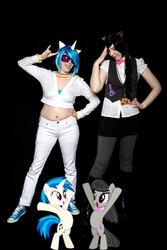 Size: 640x960 | Tagged: safe, artist:airbear101, artist:mishacosplay, dj pon-3, octavia melody, vinyl scratch, human, g4, cosplay, irl, irl human, photo