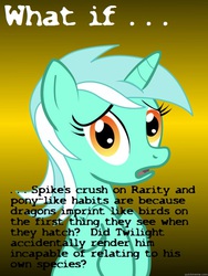 Size: 625x833 | Tagged: safe, lyra heartstrings, rarity, spike, twilight sparkle, bird, dragon, g4, conspiracy lyra, cutie mark chronicles spike, exploitable meme, female, hatching, imprinting, meme, solo