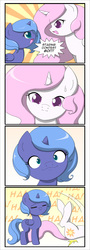 Size: 700x1950 | Tagged: safe, artist:jdan-s, princess celestia, princess luna, g4, 4koma, :3, cewestia, colored pupils, comic, cross-eyed, cute, cutelestia, filly, funny face, laughing, lunabetes, scrunchy face, staring contest, woona, younger