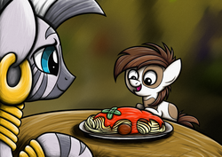 Size: 1754x1240 | Tagged: safe, artist:rambopvp, pipsqueak, zecora, earth pony, pony, zebra, g4, colt, cute, female, male, meatball, pipsqueak eating spaghetti, ponies eating meat, spaghetti