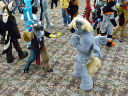 Size: 600x450 | Tagged: safe, artist:neonr0se, artist:spainfischer, derpy hooves, discord, human, g4, 2013, biggest little fur con, blfc, convention, cosplay, fight, fursuit, irl, irl human, photo