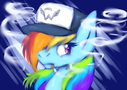 Size: 882x633 | Tagged: safe, artist:fizzy-dog, rainbow dash, g4, cigarette, female, hat, smoking, solo