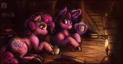 Size: 1920x1004 | Tagged: safe, artist:bantha, pinkie pie, twilight sparkle, pony, g4, duo, fireplace, frown, golden oaks library, prone, sad, underhoof, unshorn fetlocks