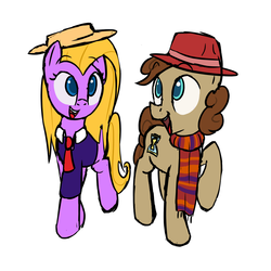 Size: 1000x1000 | Tagged: safe, artist:january3rd, doctor whooves, time turner, g4, clothes, doctor who, fedora, fourth doctor, hat, lalla ward, necktie, open mouth, ponified, raised hoof, romana, romana ii, scarf, smiling, tom baker, walking